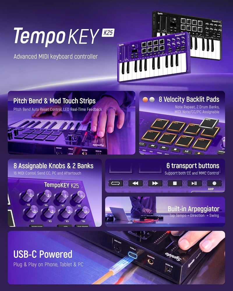 Synido 25 Key USB MIDI Keyboard Controller with Drum Pads, Professional Mini Midi Keyboard with OLED Screen, Beat Maker Machine for Music Production, Purple, TempoKEY K25 - Image 2
